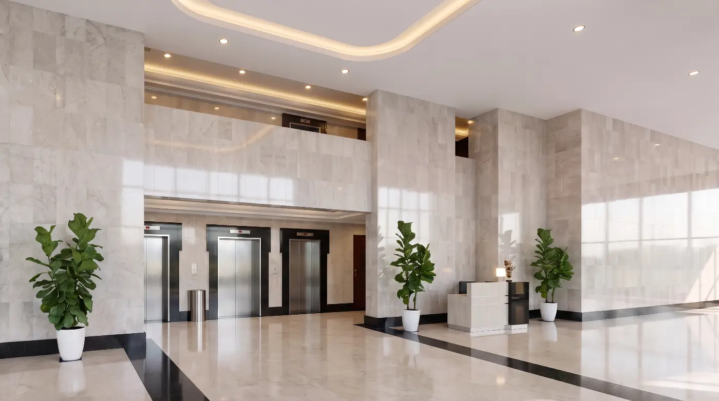 Marble arrival lobby with lift doors