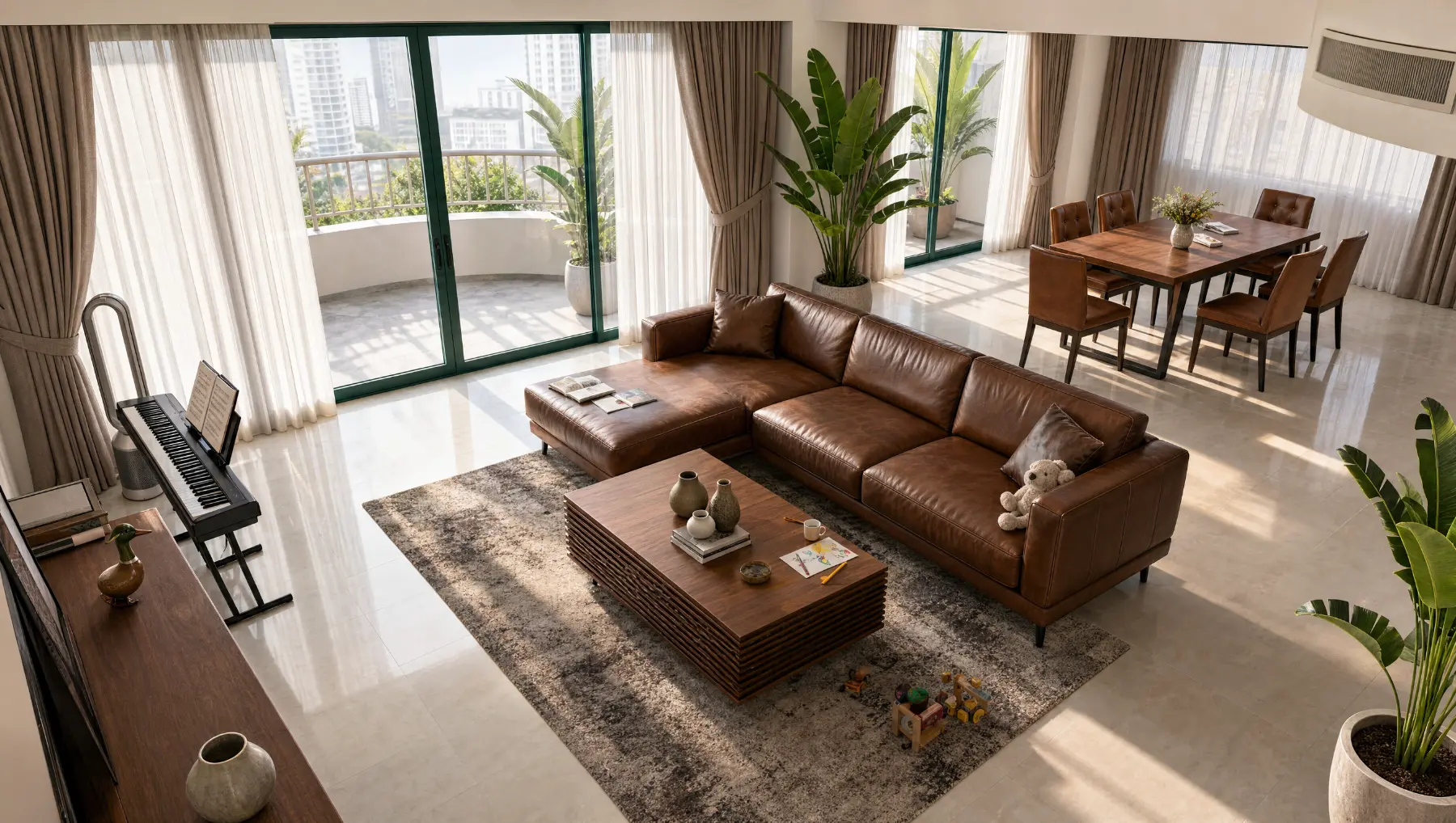 Penthouse living and dining room with floor-to-ceiling glazing